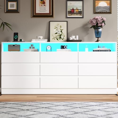 STIKELY Drawer Dresser for Bedroom with Power Outlet, Black Dressers with LED Light, Dresser Chest of Drawers for Closet,Wood Dressers Organizer Cabinet (White 9 Drawers)