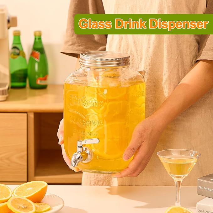 1 Gallon Beverage Dispenser, Glass Drink Dispensers for Parties, Fruit Infuser and Stainless Steel Spigot 100% Leakproof, Beverage Dispenser for Lemonade Sun Tea