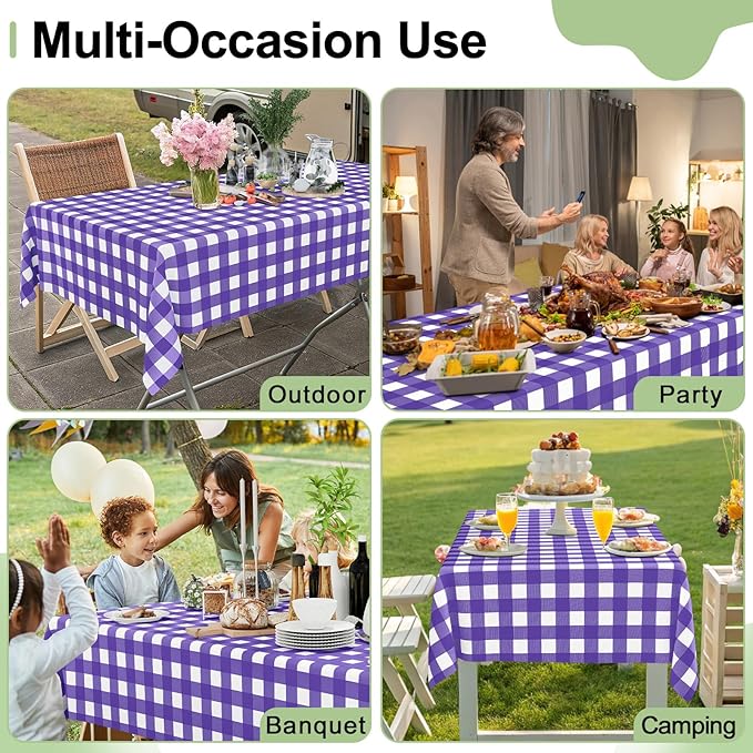 Smiry 5 Pack Purple Gingham Disposable Tablecloths - 54" x 108" Heavy Duty Plastic Table Cloth, Waterproof Buffalo Plaid Table Covers for Picnic, Banquets, Parties
