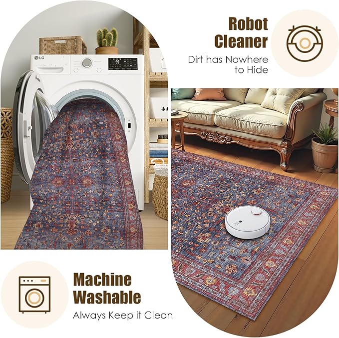 Washable Area Rug 4' x 6' Vintage Traditional Persian Mat - Foldable Distressed Non-Slip Machine Washable Carpet for Living Room Bedroom Kitchen Home Decor - Indigo and Crimson