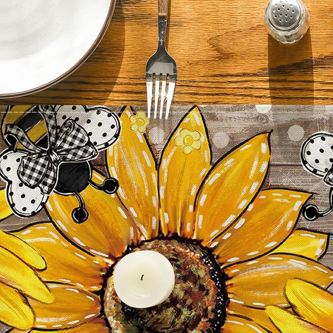 Artoid Mode Wood Sunflower Bee Flower Polka Dot Summer Table Runner, Seasonal Kitchen Dining Table Decoration for Home Party Decor 13x90 Inch