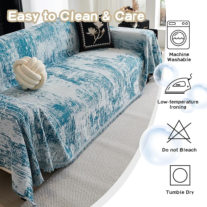 MEETSKY Boho Couch Cover for 2 Cushion Couch Sofa, Chenille Sofa Cover for Sectional Sofa, Modern Khaki Abstract Jacquard Sofa Covers Washable Sofa Slipcover for Pets Friendly, 91" X118",Blue