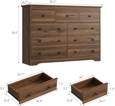 Dresser for Bedroom, 9 Drawer Dresser with Large Drawers, 55 Inch Wide Wood Chest for Living Room, Hallway, Walnut