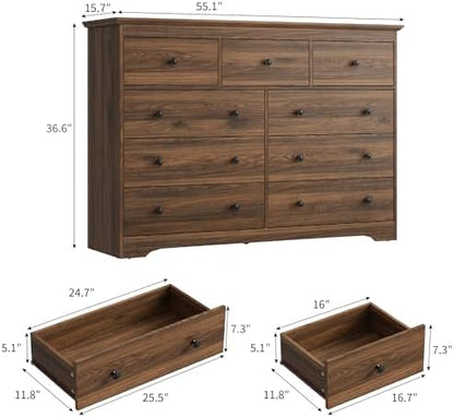 Dresser for Bedroom, 9 Drawer Dresser with Large Drawers, 55 Inch Wide Wood Chest for Living Room, Hallway, Walnut