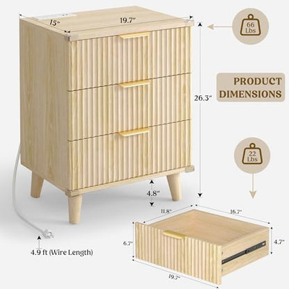 Lulive Wood 3 Drawers Dresser w/Charging Station, Modern Fluted Night Stand