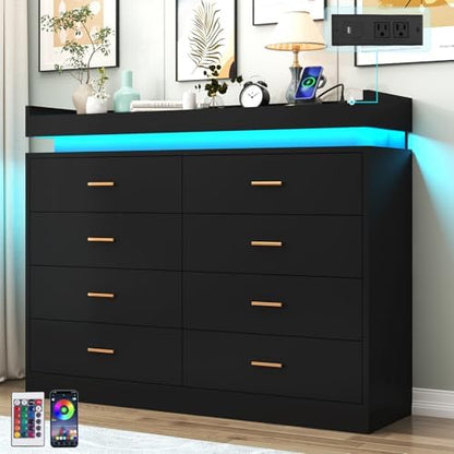 Hlivelood 8 Drawer Dresser with LED Light and Charging Station, Modern Chest of Drawers for Closet, Wide Drawer Organizer Cabinet for Bedroom, Living Room, Entryway, Hallway(Black)