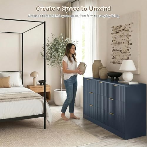 Navy Blue 7 Drawer Dresser for Bedroom, 55" Wide Fluted Chest of Drawers with Gold Metal Handles, Modern Wood Dresser Closet Storage Organizer Mid Century TV Stand for Living Room Hallway