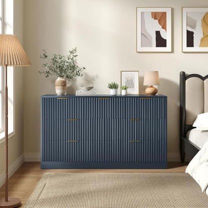 Navy Blue 7 Drawer Dresser for Bedroom, 55" Wide Fluted Chest of Drawers with Gold Metal Handles, Modern Wood Dresser Closet Storage Organizer Mid Century TV Stand for Living Room Hallway
