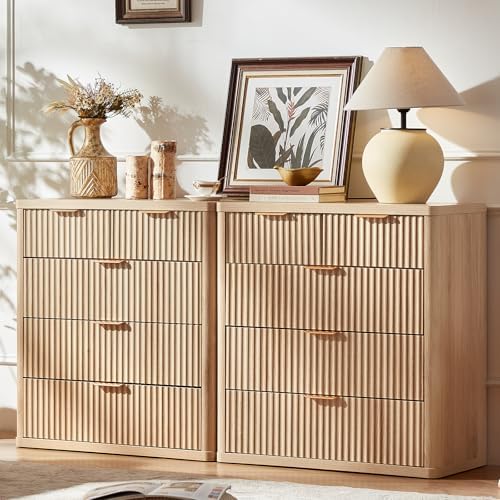 LEYAOYAO Fluted 5 Drawers Dresser for Bedroom Set of 2, 34" Tall Modern Chest of Drawers with Metal Handle, Curved Profile Design,Natural Wood Drawer Organizer for Bedroom,Living Room,Hallway,Natural