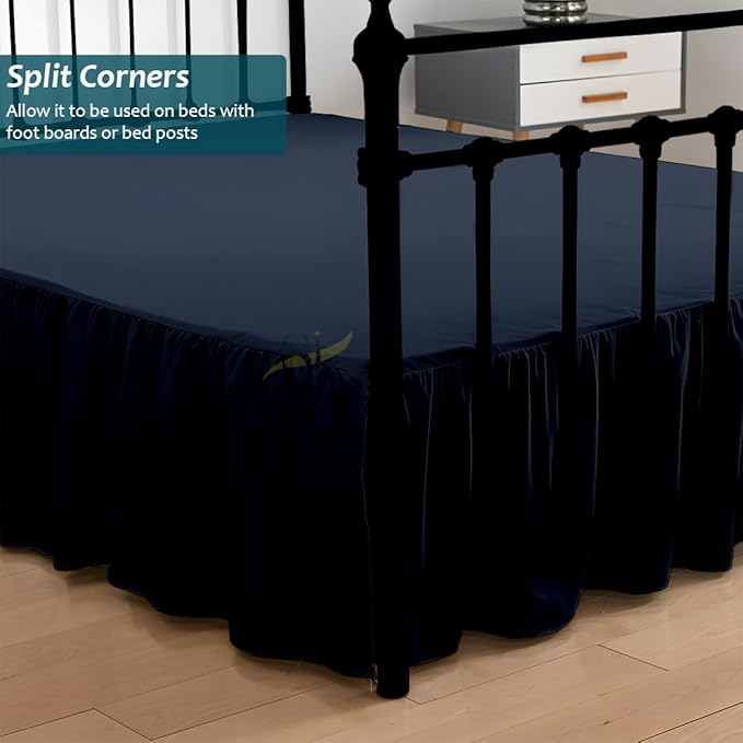 Shreem Linen Ruffled Bed Skirt with Split Corners, Gathered Style, 100% Microfiber, 30-Inch Drop, Dust Ruffle Bedskirt with Platform, Queen, Navy Blue