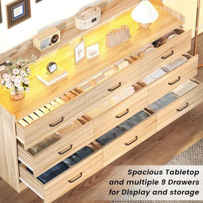 Bigbiglife 9 Drawer Dresser with Built-in Power Outlet, Mid Century Modern Chest of Drawers for Bedroom,63'' Triple Wide Dresser Storage Cabinet for Closet, Living Room, Entryway,Light Wood
