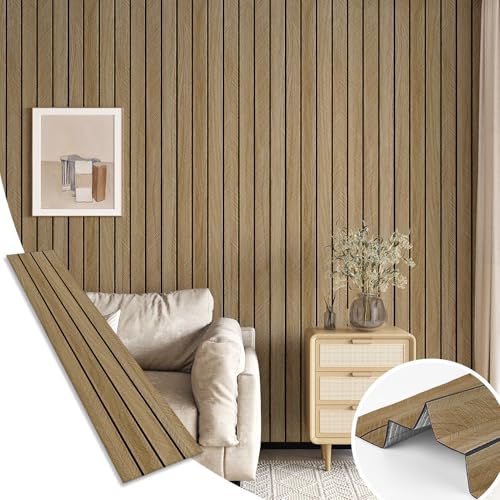 Brown Wood Panels for Wall 3D Wood Slat Wall Panel Acoustic Faux Wooden Slat Wallpaper Self Adhesive Herringbone Shiplap Peel and Stick Wallpaper for Bedroom Living Room Entrance Hall Decor - color: Brown, size: 11.8" x 118"