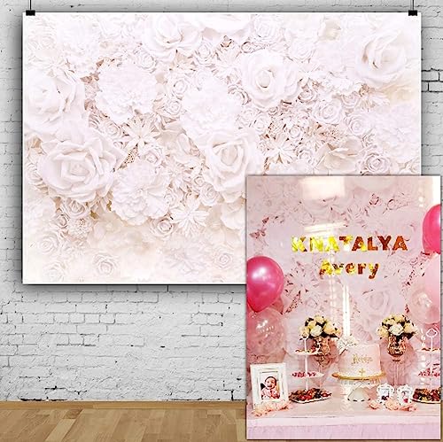 AOFOTO 7x5ft White Flowers Wall Backdrop Elegant Roses Romantic Wedding Decor Bridal Shower Photography Background Baby Girl Artistic Portrait Valentines Mother's Day Photoshoot Studio Props Wallpaper - size: 7x5ft