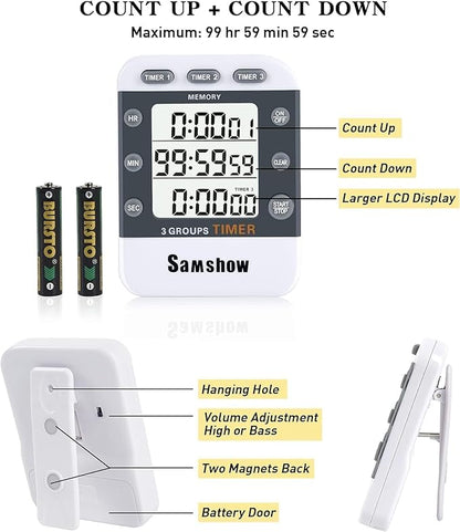 (2 Pack) Digital Kitchen Timers for Cooking Triple Timer Count UP/Down Dual Timer Large LCD Display, Adjustable Volume Loud Alarm, Magnetic Stopwatch, Battery Included White