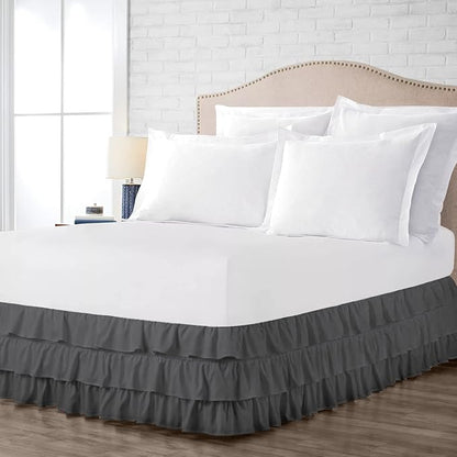 Multi-Ruffle Bed Skirt, Soft Multi Elastic Dust Ruffles with Wrap Around Bed Skirt Easy Fit with 18 Inch Drop 100% Cotton 800 Thread Count (California King, Dark Grey)