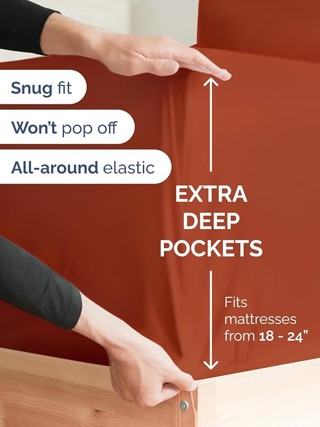 Extra Deep Pocket Cal King Sheets - 4 Piece Breathable & Cooling Bed Sheets - Hotel Luxury Sheet Set - Soft, Wrinkle Free & Comfy - Easily Fits Extra Deep Mattresses - Deep Pocket Terracotta Sheets