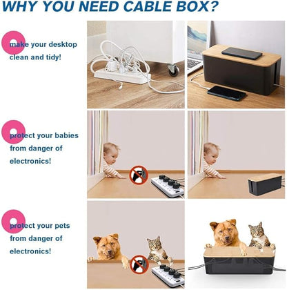 Cable Management Box, 2 Pack Bamboo Lid Large Storage Wires Organizer Holder for Home, Desk, TV, Computer, USB Hub - to Cover Hide Surge Protector Conceal Power Strips & Cords (Black)