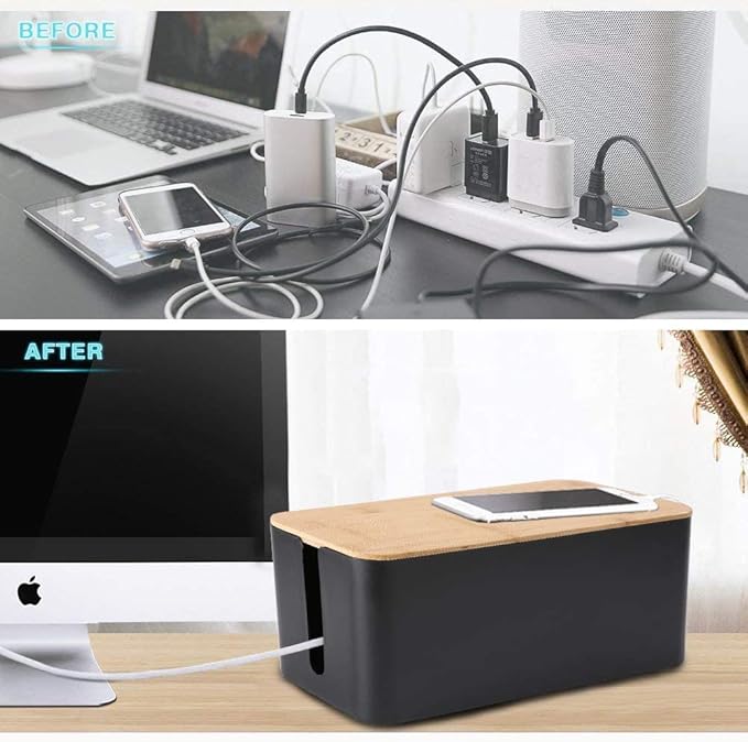 Cable Management Box, 2 Pack Bamboo Lid Large Storage Wires Organizer Holder for Home, Desk, TV, Computer, USB Hub - to Cover Hide Surge Protector Conceal Power Strips & Cords (Black)