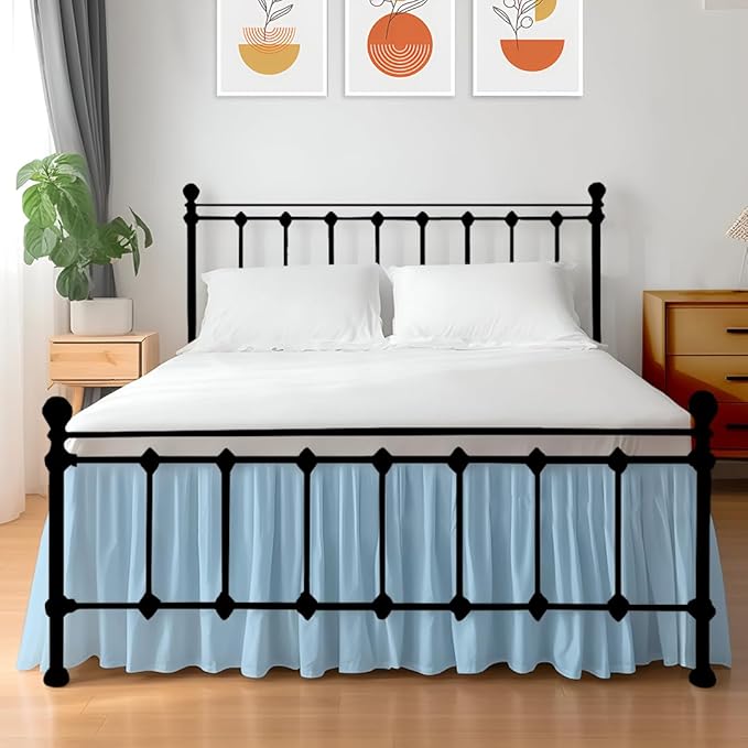 Shreem Linen Ruffled Bed Skirt with Split Corners, Gathered Style, 100% Microfiber, 16-Inch Drop, Dust Ruffle Bedskirt with Platform, Twin-XXL, Light Blue