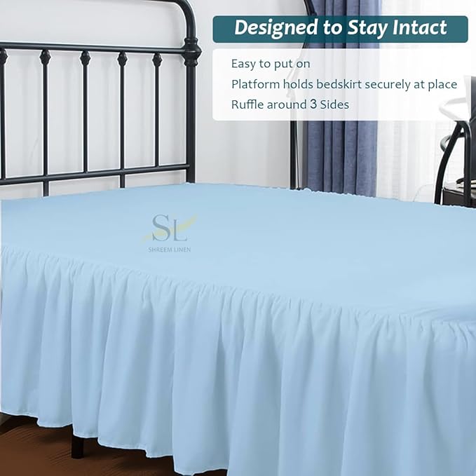 Shreem Linen Ruffled Bed Skirt with Split Corners, Gathered Style, 100% Microfiber, 16-Inch Drop, Dust Ruffle Bedskirt with Platform, Twin-XXL, Light Blue