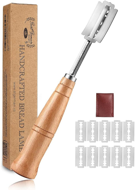 "SAINT GERMAIN Premium Hand Crafted Bread Lame for Dough Scoring Knife, Lame Bread Tool for Sourdough Bread Slashing with 10 Blades Included with Replacement with Authentic Leather Protector Cover"