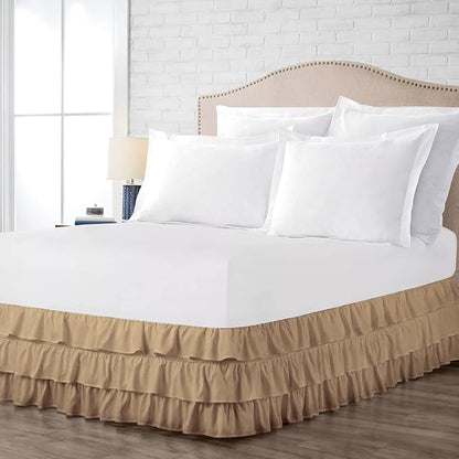 Multi-Ruffle Bed Skirt, Soft Multi Ruffle Bed Skirt Elastic Dust Ruffles with Wrap Around Bed Skirt Easy Fit with 18 Inch Drop 100% Cotton 800 Thread Count Bed Skirt (King, Taupe)
