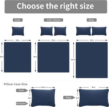 Easy-Going Full/Queen Size Reversible Quilt Set with 1 Quilt and 2 Pillow Shams, Soft Bed Quilt Cover, Water Resistant Lightweight Microfiber Bedspread, Stain Resistant, Dark Blue/Light Blue