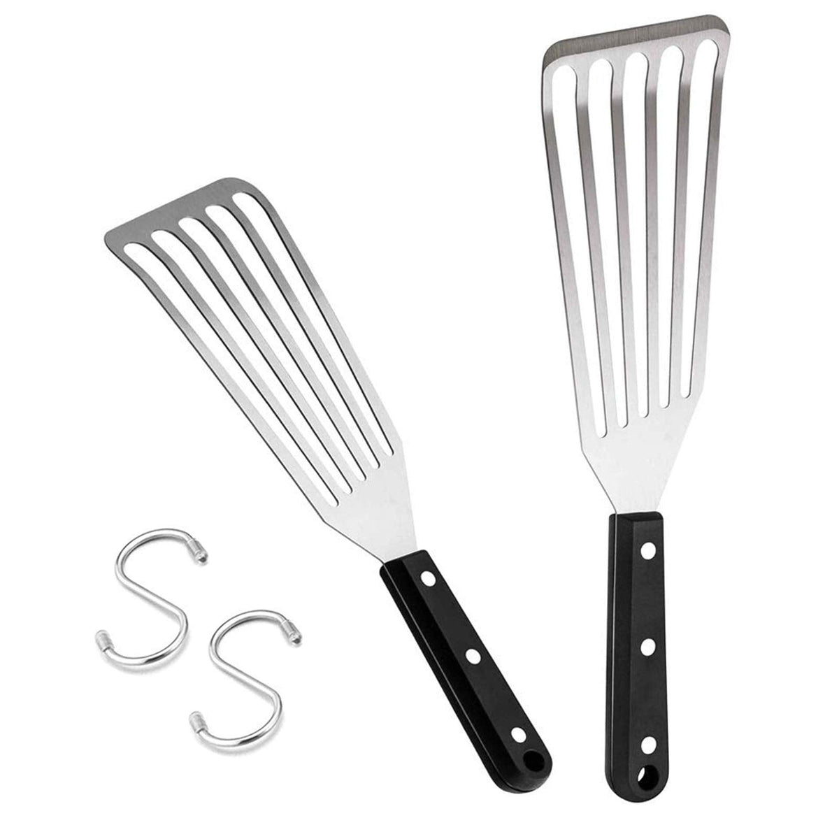 Fish Spatula Set of 2, HaSteeL Stainless Steel Slotted Spatula Turner with Riveted Wooden Handle, Professional Metal Spatulas Great for Kitchen Cooking Flipping Frying & Grilling, 2 x Hooks