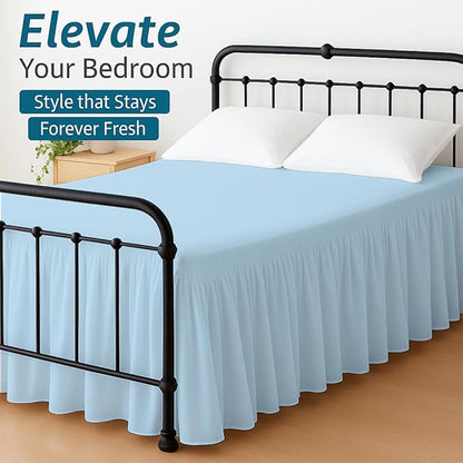Shreem Linen Ruffled Bed Skirt with Split Corners, Gathered Style, 100% Microfiber, 10-Inch Drop, Dust Ruffle Bedskirt with Platform, Twin-XL, Light Blue