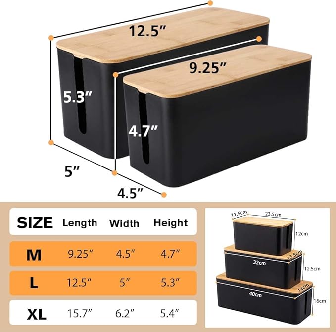 Cable Management Box, 2 Pack Bamboo Lid Large Storage Wires Organizer Holder for Home, Desk, TV, Computer, USB Hub - to Cover Hide Surge Protector Conceal Power Strips & Cords (Black)