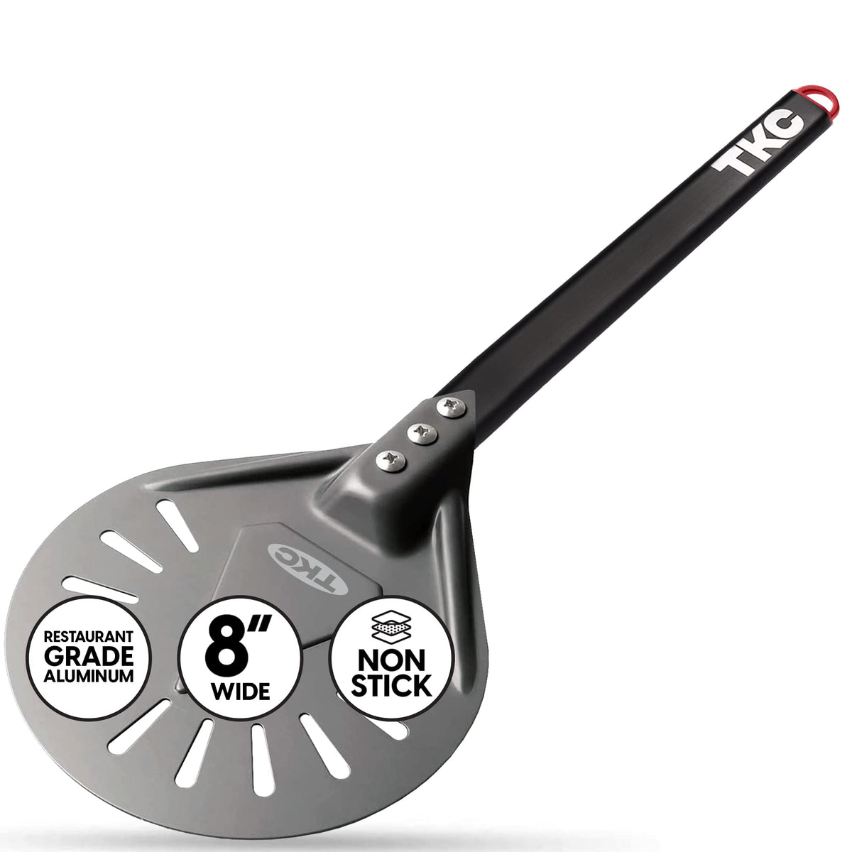 TKC 8" Perforated Pizza Peel - Professional Aluminum Pizza Turning peel - Long Handle Metal Pizza Spatula for Indoor and Outdoor - Lightweight Non-Stick Pizza Turner - Pizza Oven Accessories