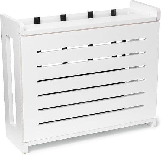 Wooden WiFi Router Storage Box - Standard Wall Mountable Decorative Modem Shelf Hider Cover with Cable Management System - Rustic Home Organization Solution for Most Routers Up To 11" Tall - White