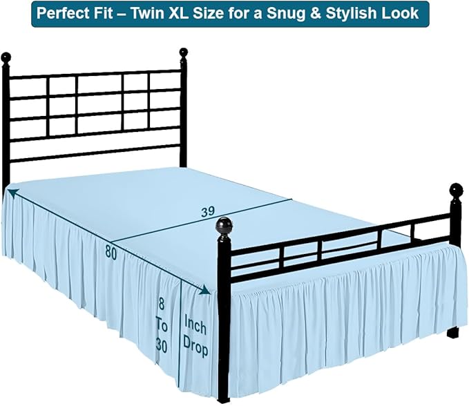 Shreem Linen Ruffled Bed Skirt with Split Corners, Gathered Style, 100% Microfiber, 10-Inch Drop, Dust Ruffle Bedskirt with Platform, Twin-XL, Light Blue