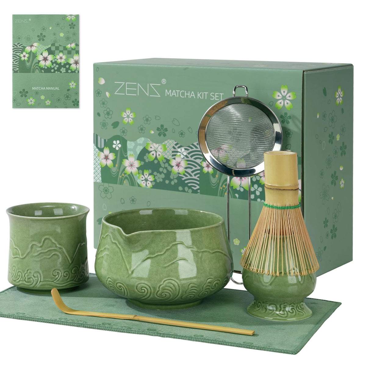 ZENS Premium Matcha Whisk Set, 6pcs Matcha Kit for Matcha Latte, Green