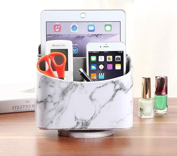 PU Leather Remote Control Holder,360 Degree Spinning Desk TV Remote Caddy,Desk Organizers and Accessories,for Controller,Media,Mail,Calculator,Mobile Phone,Pen Storage Holder(White Marble)