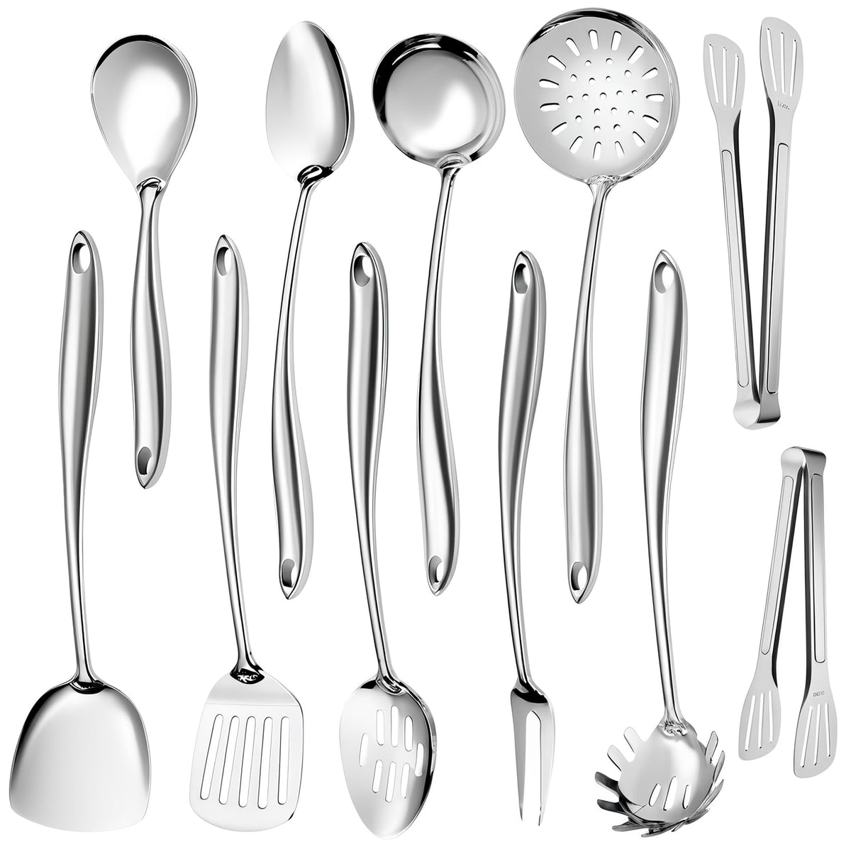 304 Stainless Steel Kitchen Utensils Set, 11 PCS Metal Cooking Utensils Set with Spatula, Spoon, Ladle, Skimmer, Turner, Pasta Server, Tongs