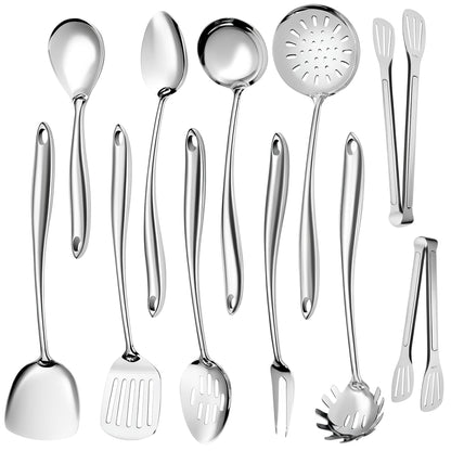 304 Stainless Steel Kitchen Utensils Set, 11 PCS Metal Cooking Utensils Set with Spatula, Spoon, Ladle, Skimmer, Turner, Pasta Server, Tongs