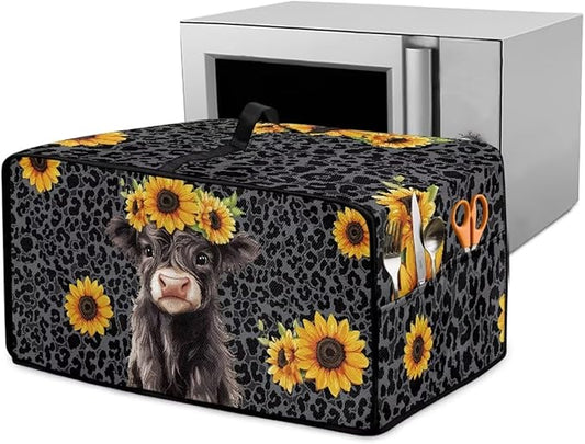 Air Fryer Toaster Oven Dust Cover with Storage Pockets, Stain-resistant Countertop Convection Oven Cover Kitchen Appliance Decor, M, Highland Cow Sunflower Dark Gray