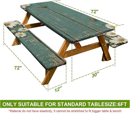 Rustic Daisy Picnic Table Cover with Bench Covers Set of 3-Weathered Wood Background with Butterflies,Elastic Fitted Tablecloth for 6 Ft Tables, Washable Polyester Cover for Camping, Indoor & Outdoor