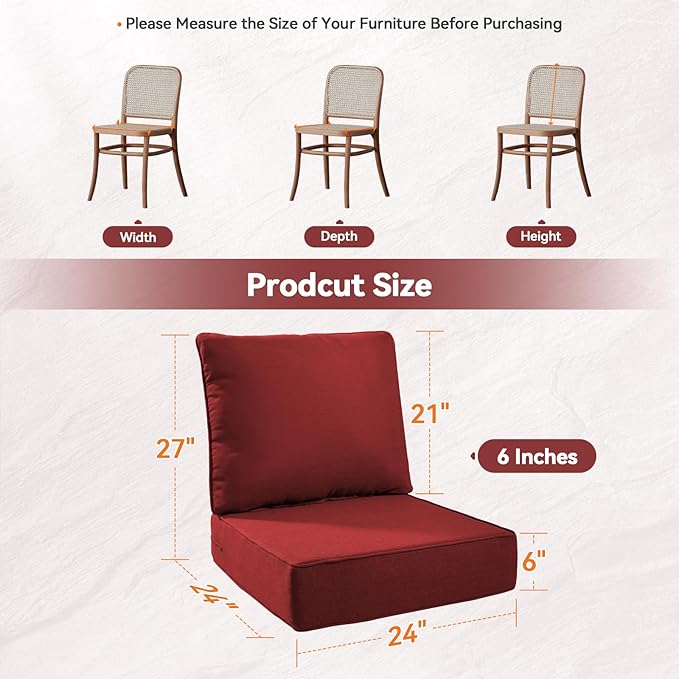 Luxury 6" Outdoor Cushions for Patio Furniture, 24x24x6" Thick Seat Cushion Set of 6, Fade Resistant Couch Chair Replacement Cushions High Density Deep Wicker Chair Cushion w/ Removable Cover, Red