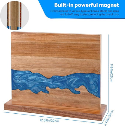 minyuexia magnetic knife holder - Acacia wood Magnetic Knife Block, Magnetic Knife Storage with double-sided magnetic, blue resin river, 12.59 × 9.84 inches (Without knife)
