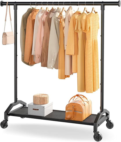 Wiracks Clothes Rack Clothing Racks for Hanging Clothes Heavy Duty Clothes Rack Hanger Rack 200lbs Capacity Industrial Wheels 1" Pipe,Rolling Garment Rack Portable Clothes Rack Black