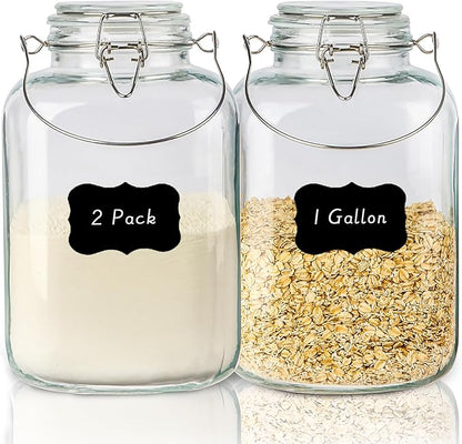 1 Gallon Airtight Glass Food Storage Jars Set of 2 with Lids, Extra Large Glass Storage Containers with Handle for Flour, Cereal, Coffee and Canning, Square Mason Jars with 8 Chalkboard Labels