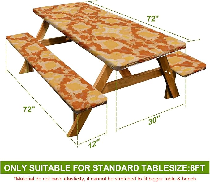 Art Deco Picnic Table Cover with Bench Covers Set of 3-Orange Yellow Geometric Repeat Pattern,Elastic Fitted Tablecloth for 6 Ft Tables, Washable Polyester Cover for Camping, Indoor & Outdoor