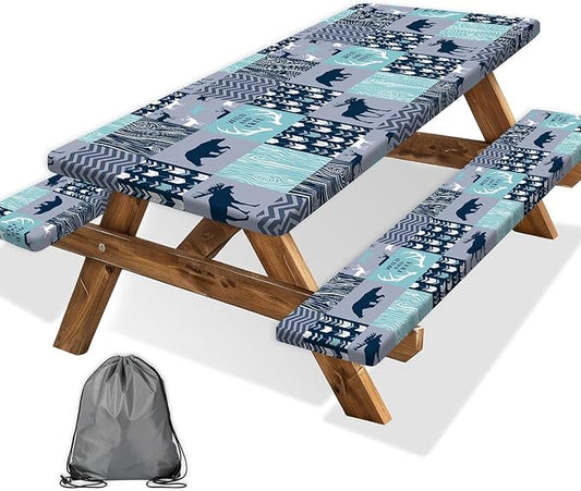 Picnic Table Cover with Bench Covers, Camping Essentials, Rustic Cabin Deer Bear Stripes Waterproof Windproof Patio Table Cover, Fitted Tablecloth Cover with Elastic Edge for Outdoor 3 PCS 30x96 Inch