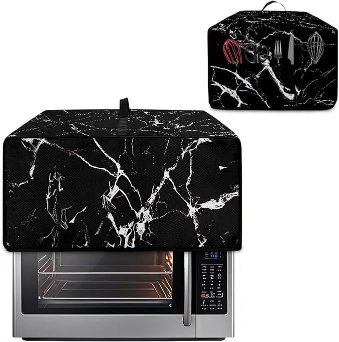 Air Fryer Toaster Oven Dust Cover Protective Microwave Oven Cover with Pockets, Dust-proof Countertop Appliance Protector, S, 14.5 x 18.5 x 9 Inches, Black Marble White Crack