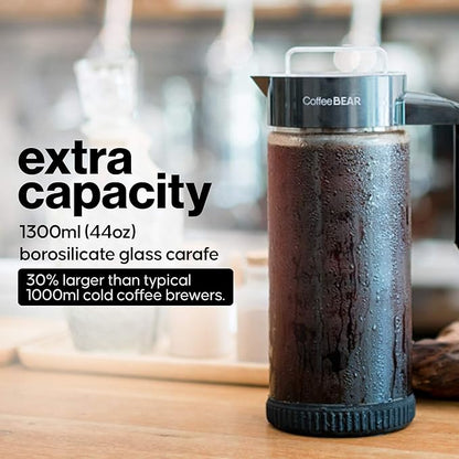 COFFEE BEAR – Cold Brew Coffee Maker and Iced Tea Brewer, Large 1.3L (44oz) Borosilicate Glass Pitcher with Reusable Mesh Filter, Easy to Clean, Dishwasher Safe