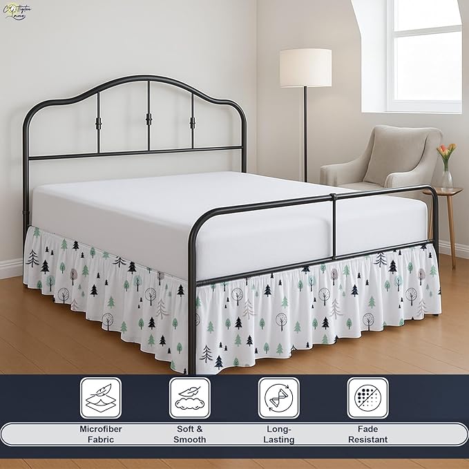 Cottington Lane Ruffled Bed Skirt Twin Size with Split Corner, Brushed Microfiber Hotel Quality Dust Ruffle, 14 Inch Drop Gathered Bedskirt, Soft, Stylish, Shrink & Fade Resistant, Winter Forest