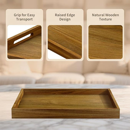 17 inch Acacia Wood Serving Tray with Handles, Decorative Display Tray for Coffee Table, Breakfast in Bed, Food Dinner