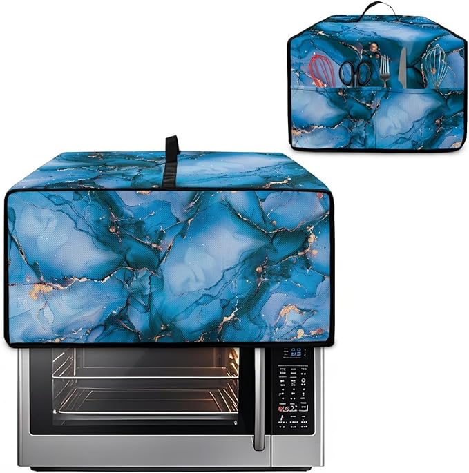Toaster Oven Dust Cover with Storage Pockets, Dust Protection Smart Oven Cover for Kitchen Countertop Home Decor, S, 14.5 x 18.5 x 9 Inches, Blue Gold Marble
